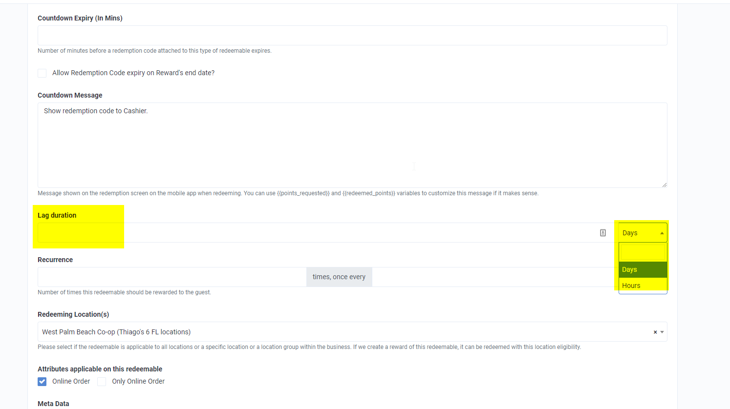 What does the "lag duration" field do in the redeemable set up?