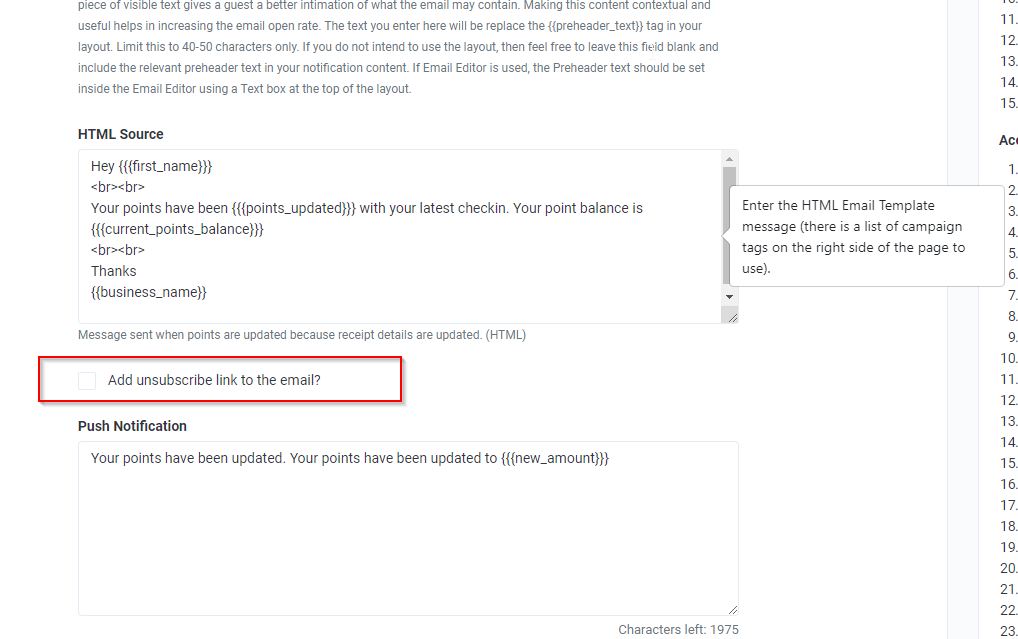 Can I add an unsubscribe link to an email notification template?